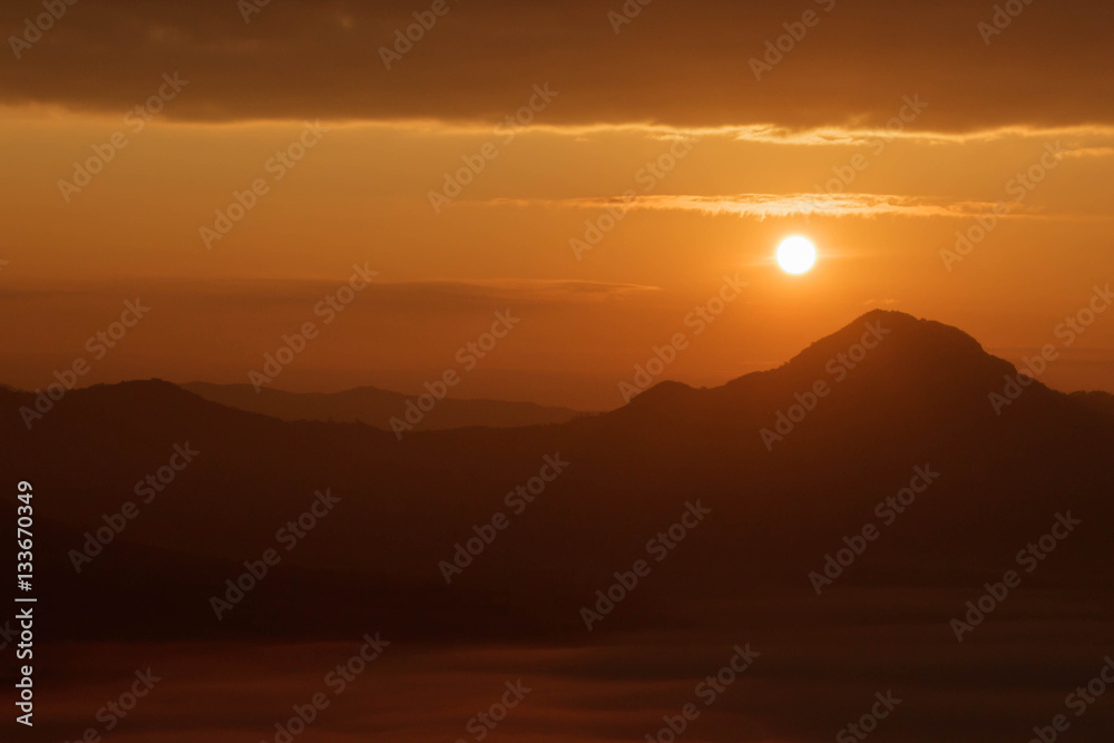 Sunrise, mountain and fog landscape with warm tone, for graphic