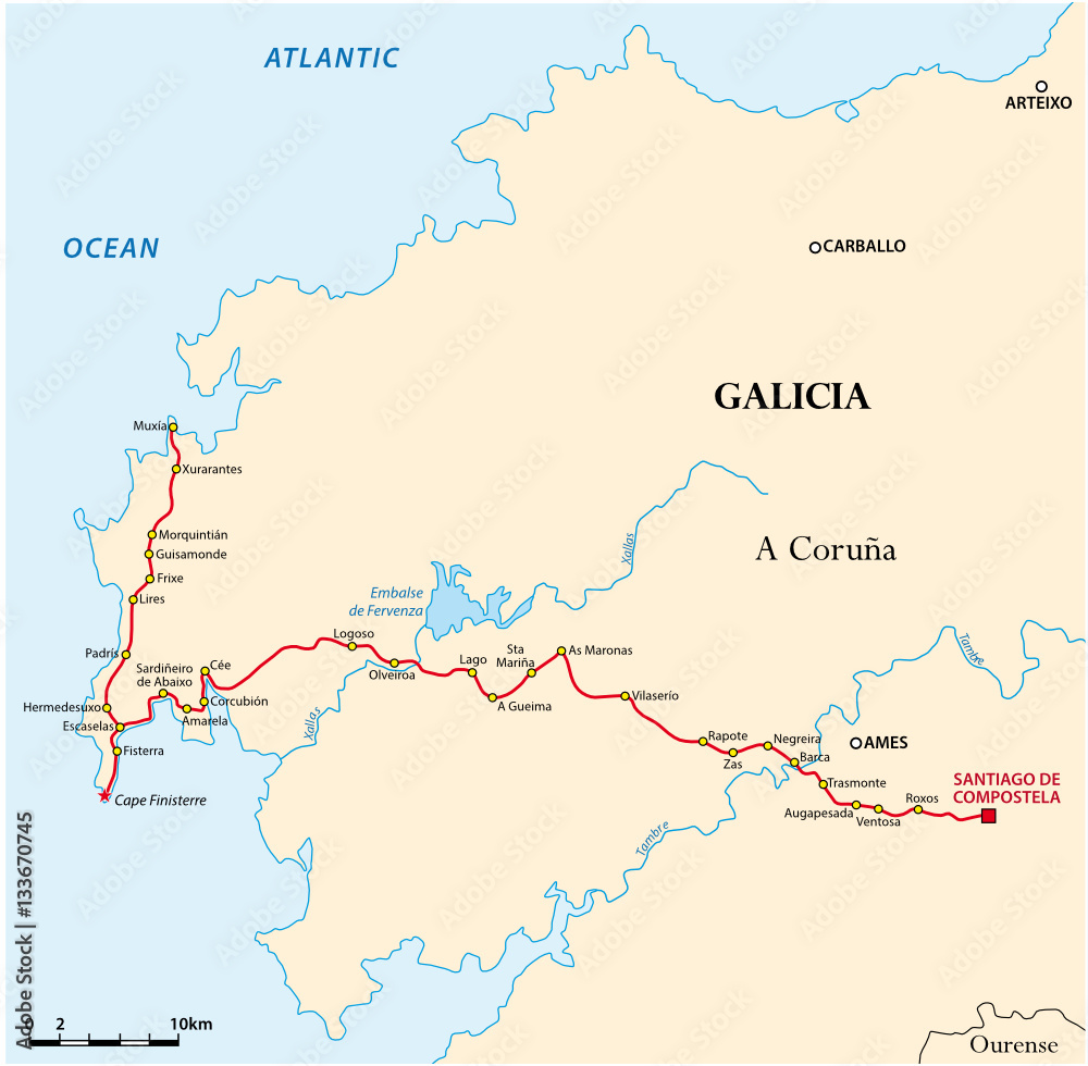 Map Way of St. James from Santiago de Compostela to Cape Finisterre, Spain