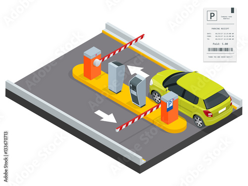 Isometric Parking payment station, access control concept. Parking ticket machines and barrier gate arm operators are installed at the entrance and exit of parking area as tools to charge parking fee.