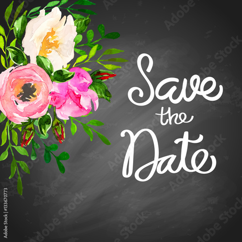 Beautiful floral hand drawn watercolor bouquet, bunch of flowers arrangement, with pink roses, white and purple flowers, isolated on black chalkboard. Can be used for invitations or wedding design.