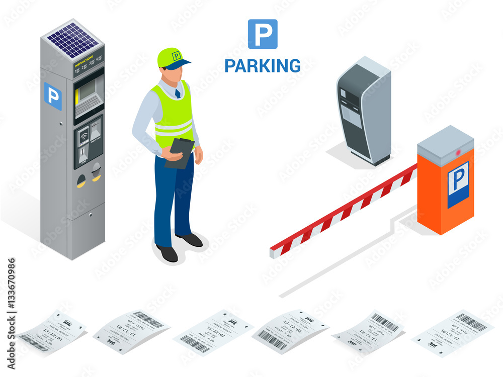 Isometric Parking Attendant. Parking ticket machines and barrier gate arm operators are
