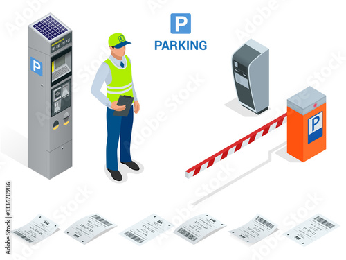 Isometric Parking Attendant. Parking ticket machines and barrier gate arm operators are installed at the entrance and exit of parking area as tools to charge parking fee.