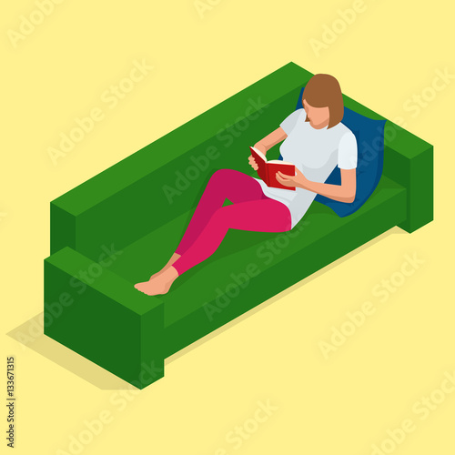 Young pretty woman lies on a sofa and reading a book enjoys of rest. Flat 3d vector isometric illustration