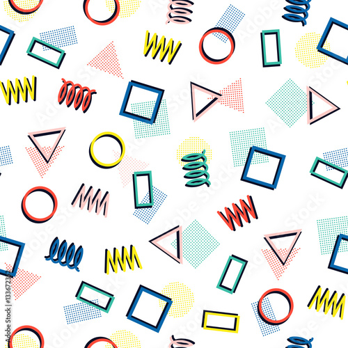 Retro memphis geometric line shapes seamless patterns. Hipster fashion 80-90s. Abstract jumble textures. Zigzag lines. Triangle. Memphis style for printing, website, design, poster.