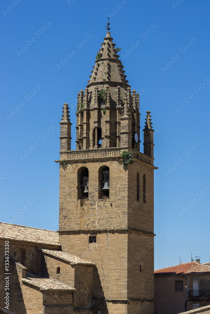 church bell tower Late 16th century late Gothic building of San Esteban built in the village of Loarre Aragon Huesca Spain, near Loarre Castle