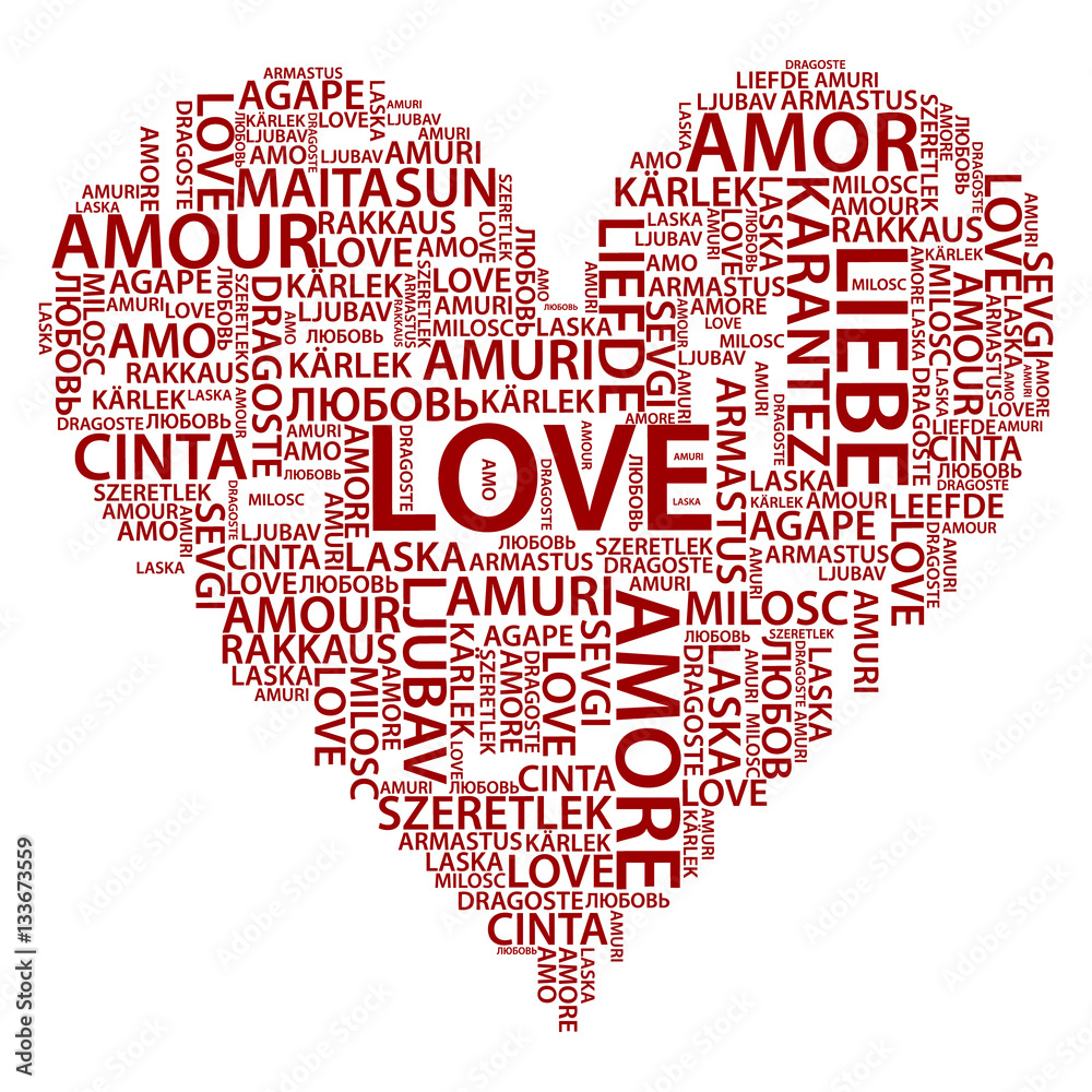 Liebe - Wörter auf unterschiedlicher Sprachen in Form eines Herzsymbols