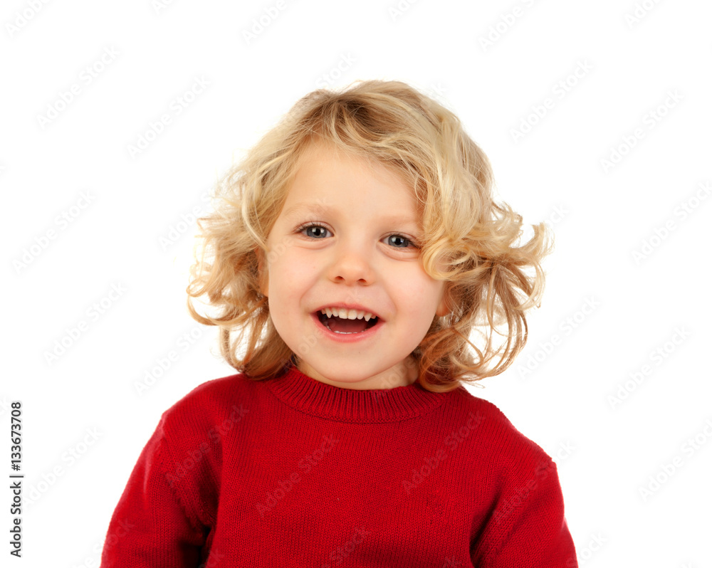 Portrait of playful small kid with long blond hair looking at ca Portrait of playful small kid with long blond hair looking at ca