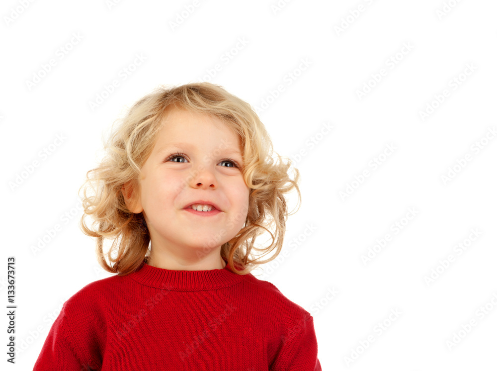 Portrait of playful small kid with long blond hair looking up Portrait of playful small kid with long blond hair looking up