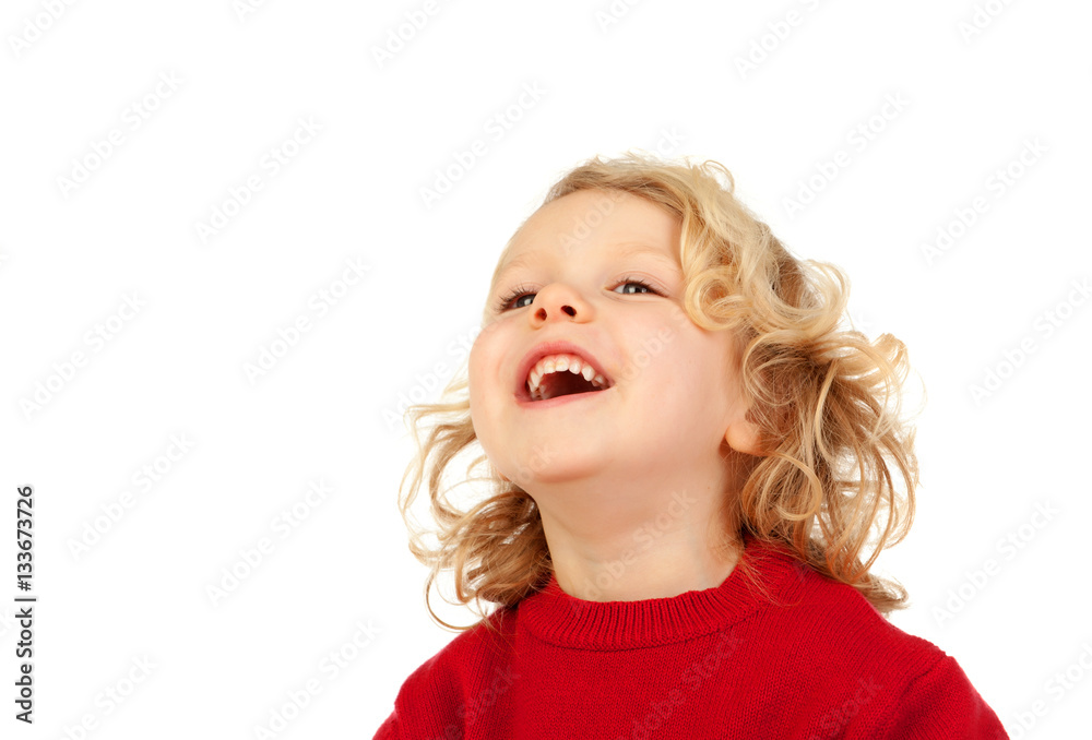 Portrait of playful small kid with long blond hair looking up Portrait of playful small kid with long blond hair looking up