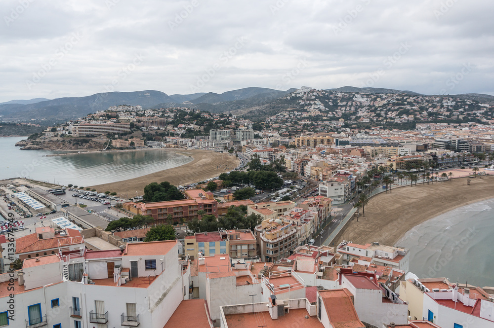 Panoramic view of the village from the castle the two beaches in Peniscola, Castellon Spain