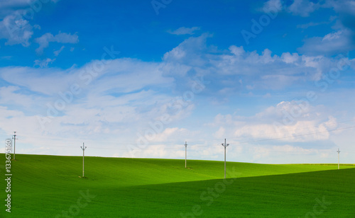 Wooden power poles on the empty field