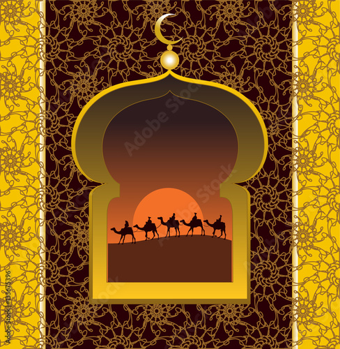 Arabian desert behind the window. Arabian carpet.