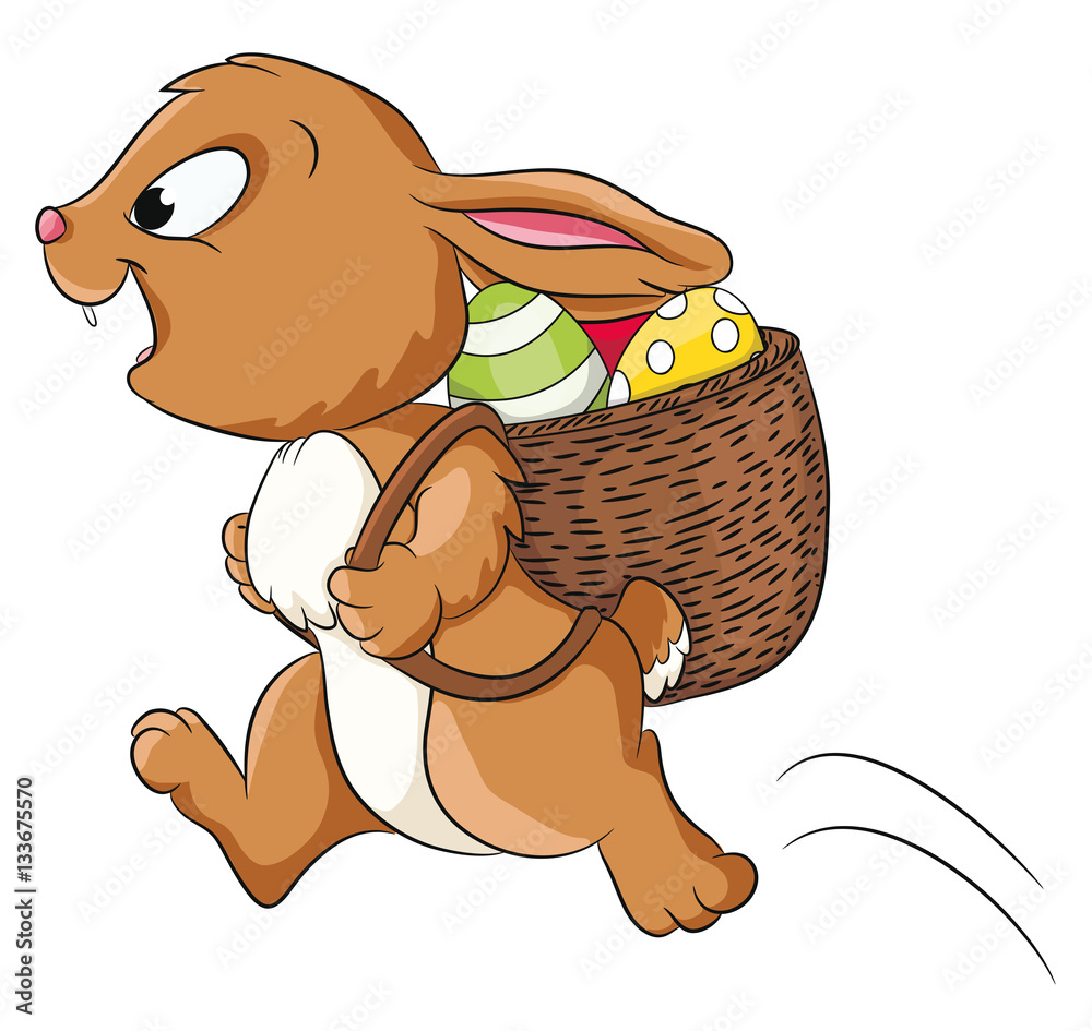 Fototapeta premium Vektor Illustration eines niedlichen Häschens mit einem Korb voller Ostereier