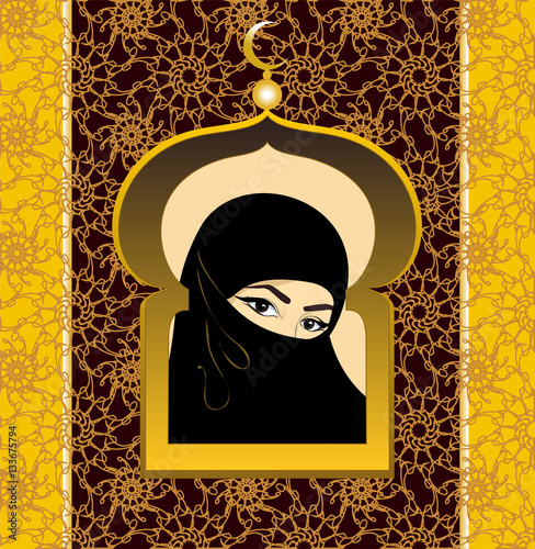 Arabian woman behind the window. Arabian carpet.
