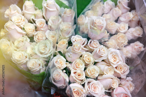 Fresh roses at floral shop  closeup