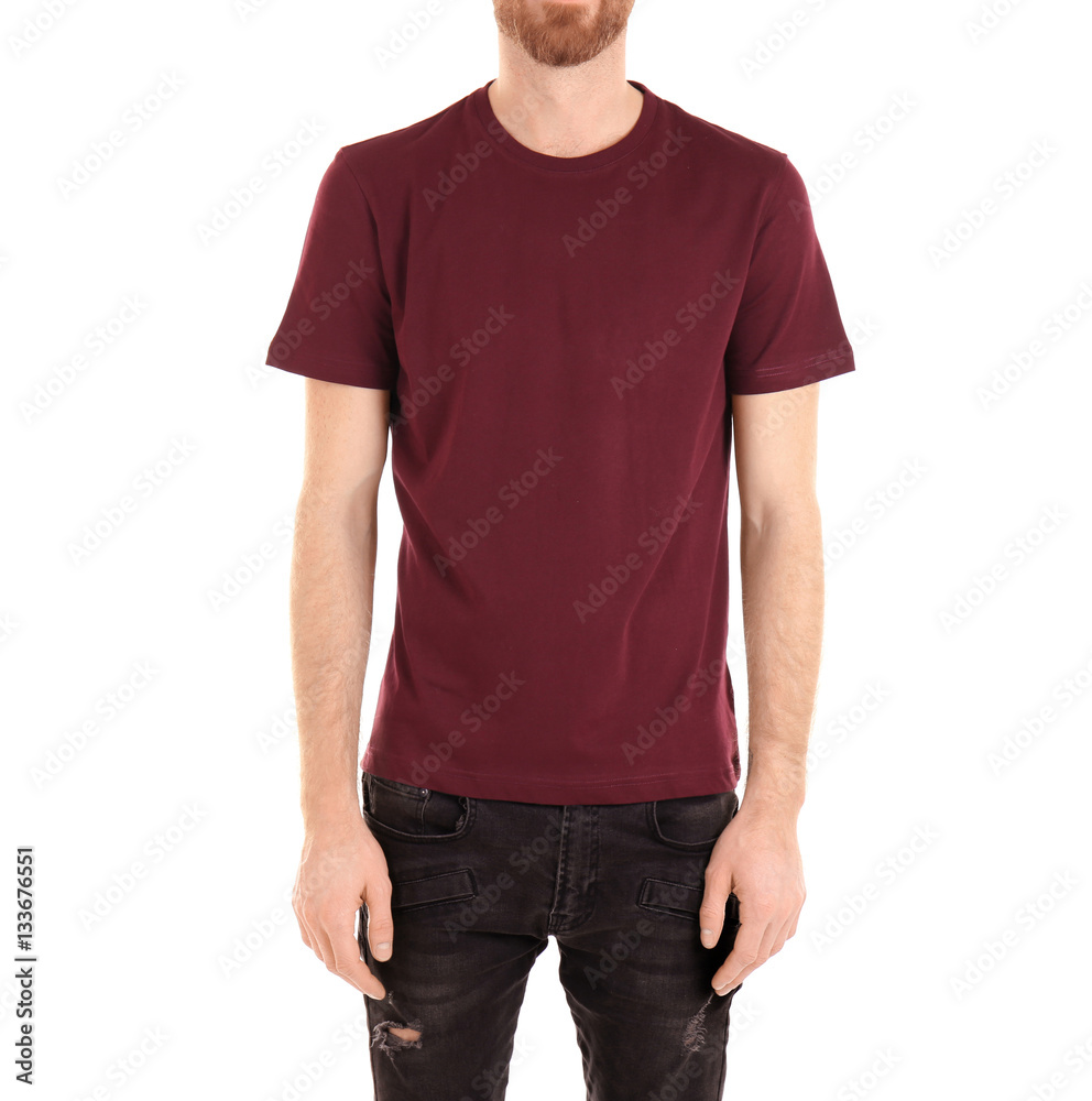 Closeup of man in claret red T-shirt isolated on white Closeup of man in claret red T-shirt isolated on white