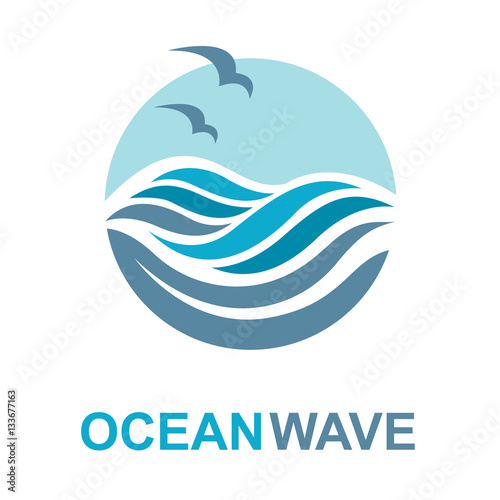 Abstract design of ocean logo with waves and seagulls. Vector illustration