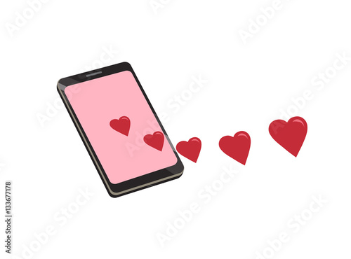 Flat vector image of hearts coming out of a smart phone screen