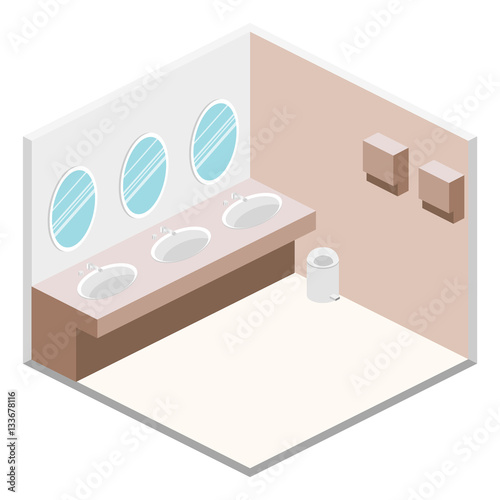 Isometric flat 3D isolated vector cutaway interior of public toilet