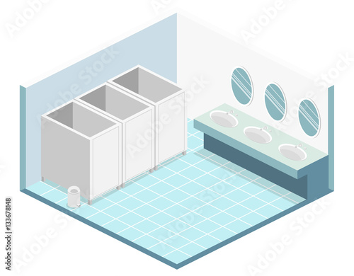 Isometric flat 3D isolated vector cutaway interior of public toilet