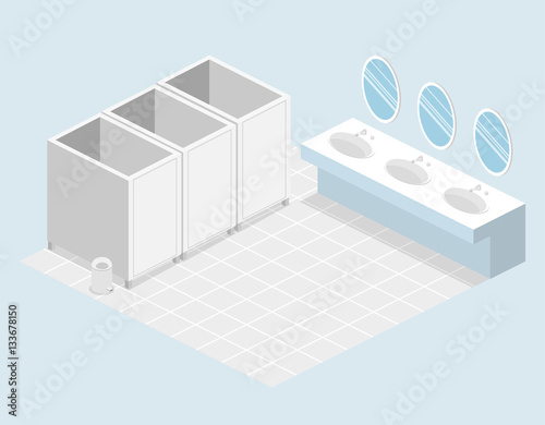 Isometric flat 3D isolated vector cutaway interior of public toilet