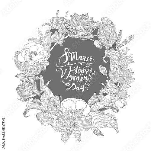 8 march. Happy Woman's Day! Linear floral wreath
