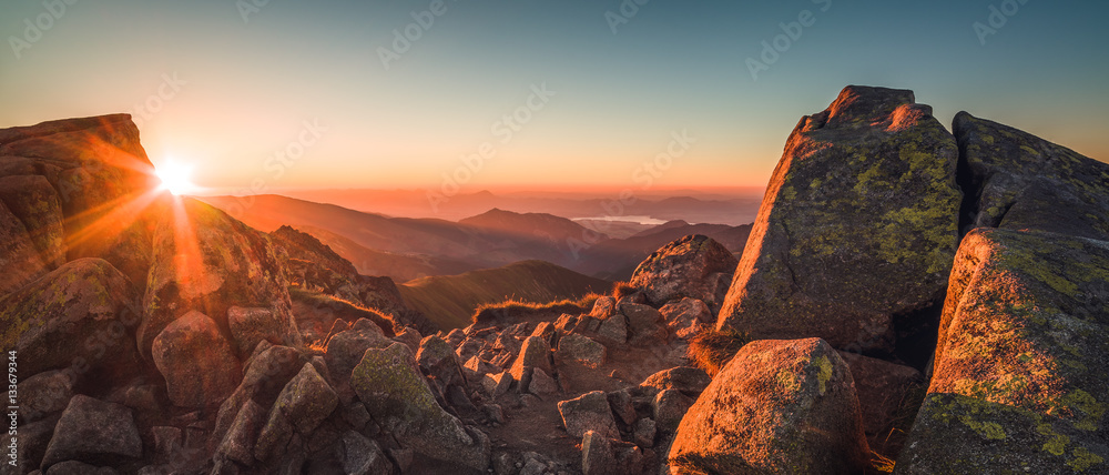 Naklejka premium Rocky Mountain Peak. Landscape at Sunset. View from Mount Dumbier in Low Tatras, Slovakia.