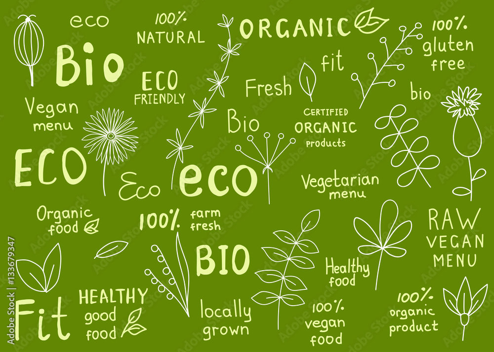 Collection of  100% organic, natural, bio, farm, eco, food label