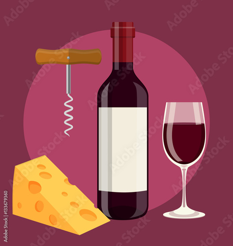 bottle, glass of wine cheese and Corkscrew