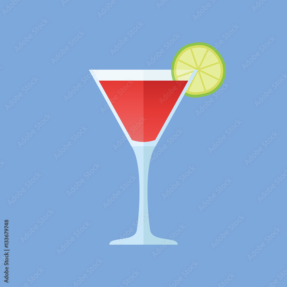 Glass of cosmopolitan cocktail with lime slice isolated on blue background. Flat style icon. Vector illustration. Glass of cosmopolitan cocktail with lime slice isolated on blue background. Flat style icon. Vector illustration.