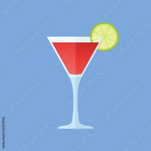 Glass of cosmopolitan cocktail with lime slice isolated on blue background. Flat style icon. Vector illustration.