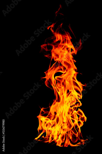 Fire flame isolated on black isolated background - Beautiful yel