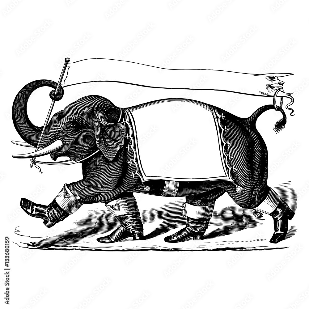Naklejka premium Elephant with boots and banner, vintage engraving