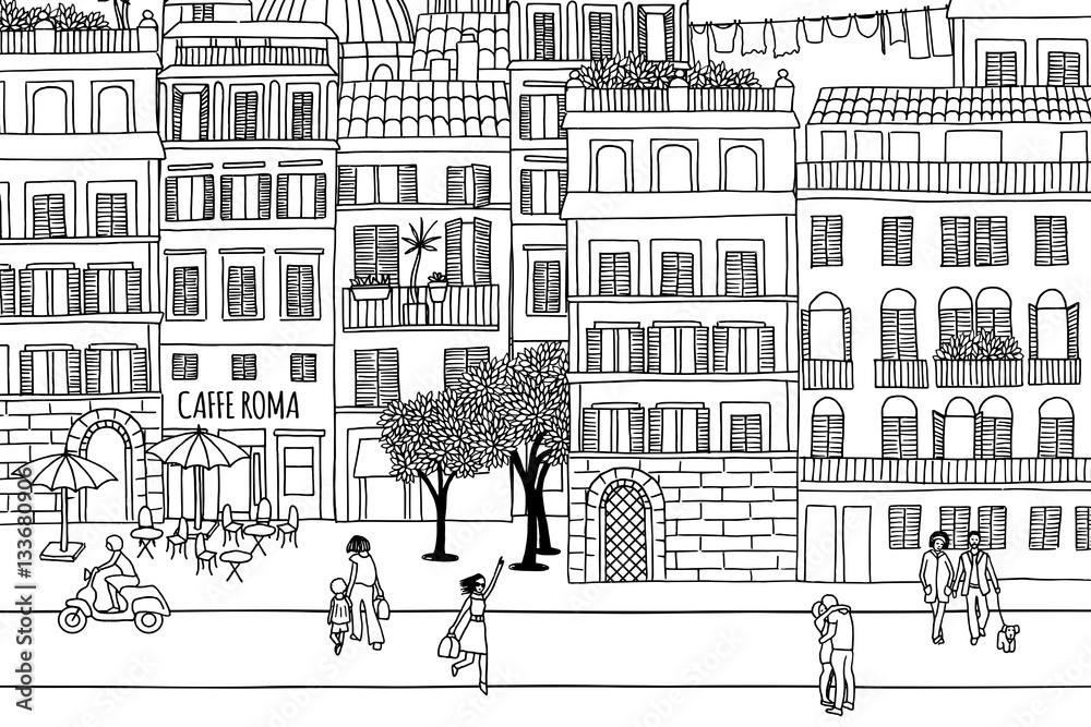 Naklejka premium Rzym - ręcznie rysowane miejskie sceny małych ludzi spacerujących po mieście