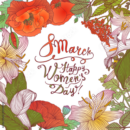 8 march. Happy Woman's Day! Vector floral frame