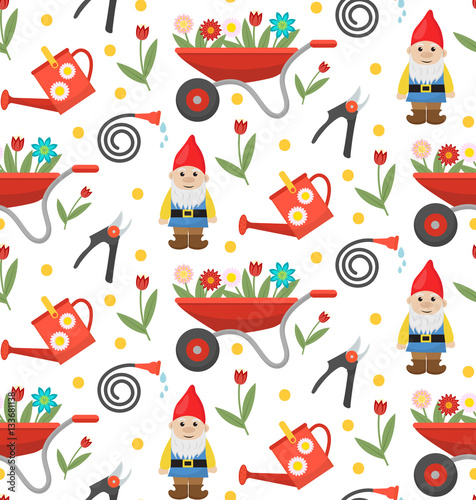 Gardening seamless pattern with gnome, flowers and tools. Spring endless background. Horticulture texture, wallpaper. Cute backdrop. Vector illustration