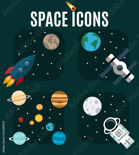The planets of the solar system, astronaut, rocket on a background of outer space