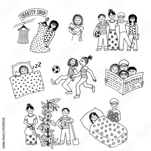 Collection of hand drawn children involved in various activities, like playing, sleeping, reading, caring for one another and doing charitable work