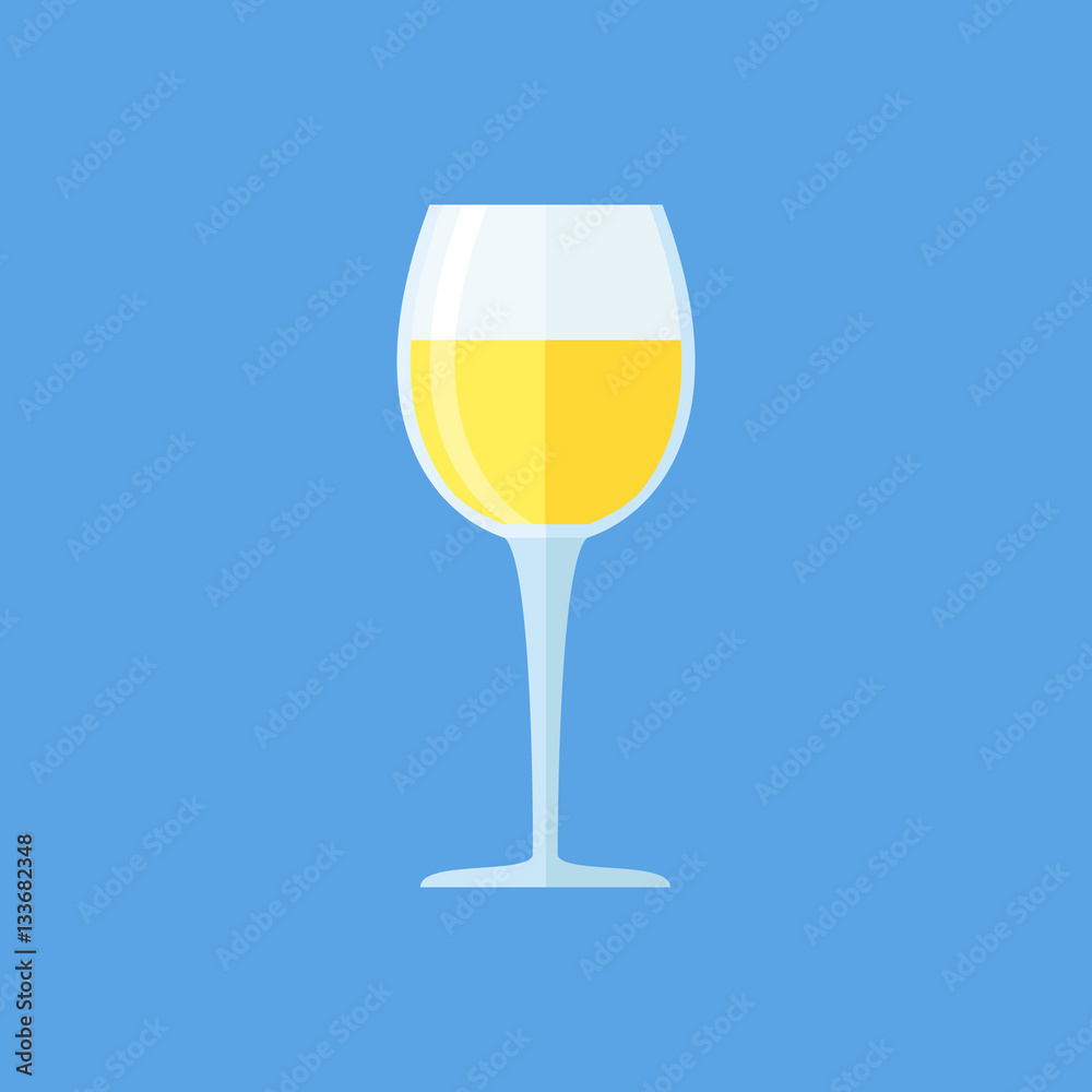 Glass of white wine isolated on blue background. Goblet flat style icon. Vector illustration. Glass of white wine isolated on blue background. Goblet flat style icon. Vector illustration.