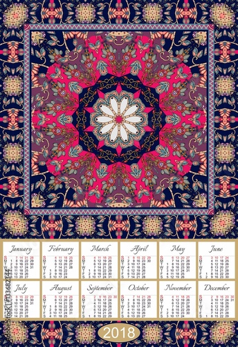 Calendar for 2018 year on indian ornamental rug. Mandala pattern with daisy. Week starts on sunday. Vintage design.