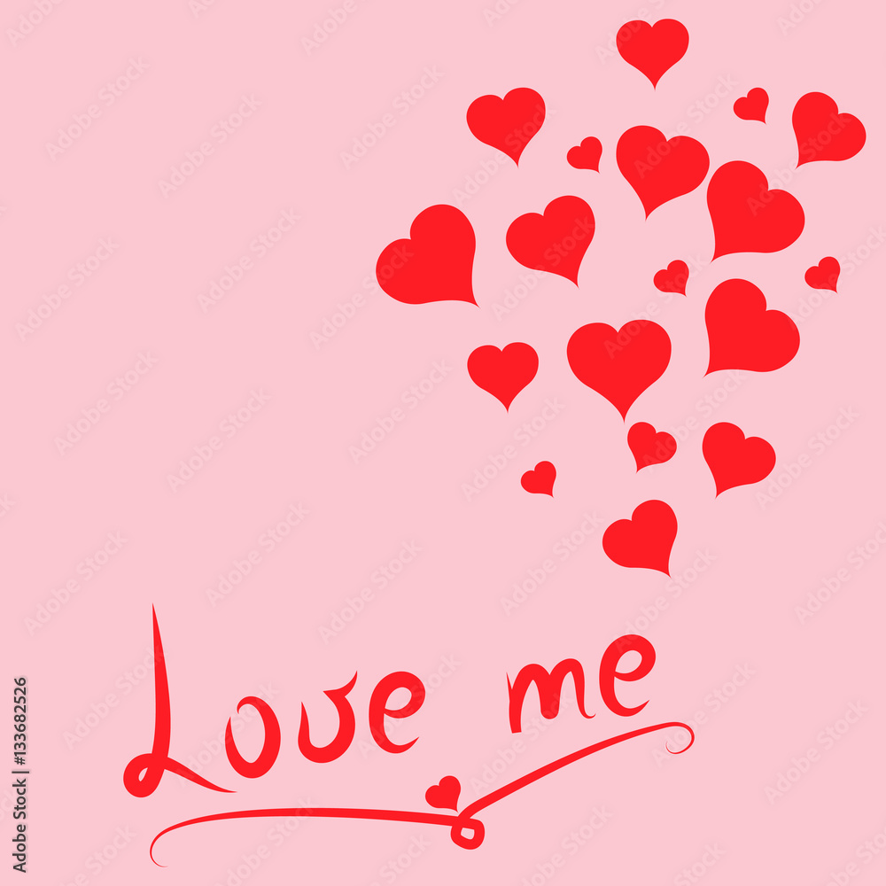 Love Me postcard with red hearts. Valentine's day. Pink background. Vector illustration