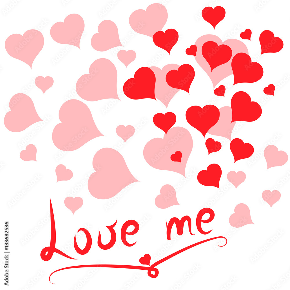Love Me postcard with red hearts. Valentine's day. White background. Vector illustration