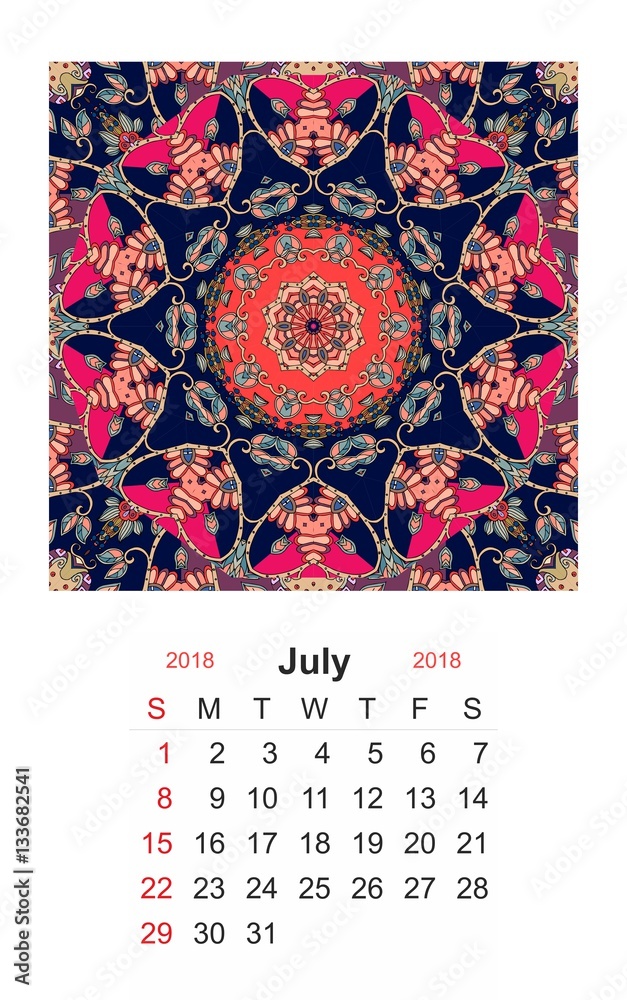 Calendar for 2018 year on indian ornamental background. Mandala pattern ...