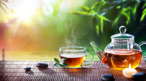 Teatime - Relax With Hot Tea In Zen Garden
