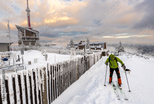 Skialpinist at the top of Lysa Hora, Beskids mountains (Czech: Beskydy), Moravia and Silesia, Czech Republic photo