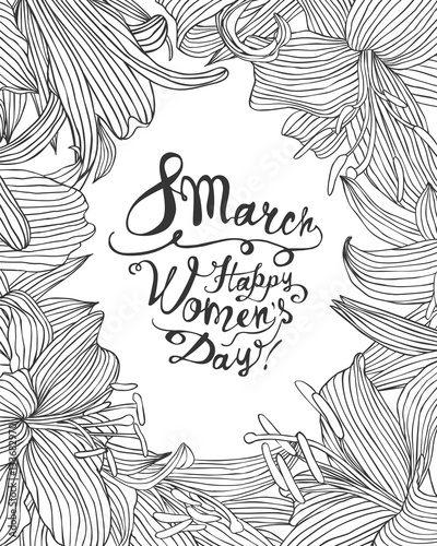 8 march. Happy Woman's Day! Linear lily floral frame