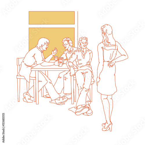 Group of people sitting around a table drinking coffee. A girl in a skirt stands in the foreground.
