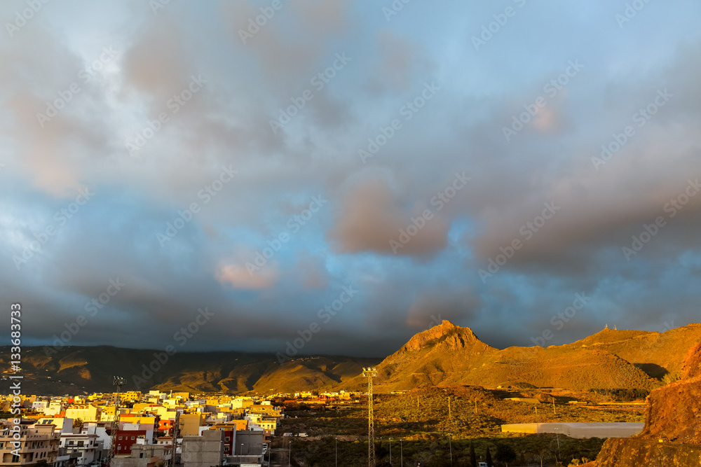 Sunset on Tenerife - small volcanos in countryside Sunset on Tenerife - small volcanos in countryside