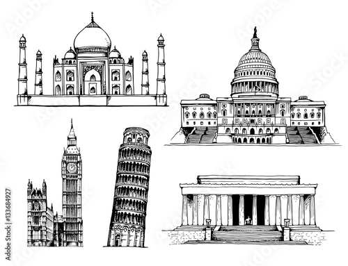 Taj Mahal, Capitol Building, Elizabeth Tower (Big Ben), Tower of Pisa, Lincoln Memorial vector illustration isolated on white background. India, United States of America, England, Italy