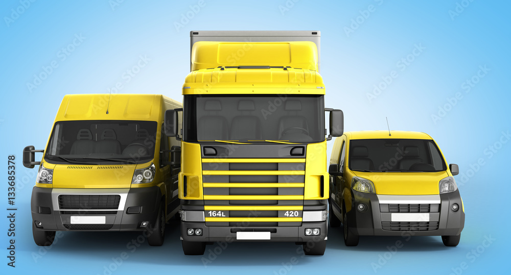 3D illustration of a truck a van and a lorry against a white bac
